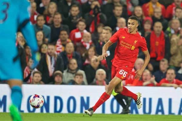 LIVERPOOL, ENGLAND - Tuesday, October 25, 2016: Liverpool's Trent Alexander-Arnold in action against Tottenham Hotspur during the Football League Cup 4th Round match at Anfield. (Pic by David Rawcliffe/Propaganda)