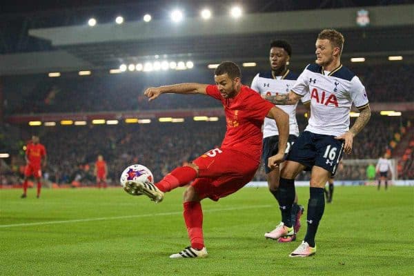 LIVERPOOL, ENGLAND - Tuesday, October 25, 2016: Liverpool's Kevin Stewart in action against Tottenham Hotspur during the Football League Cup 4th Round match at Anfield. (Pic by David Rawcliffe/Propaganda)