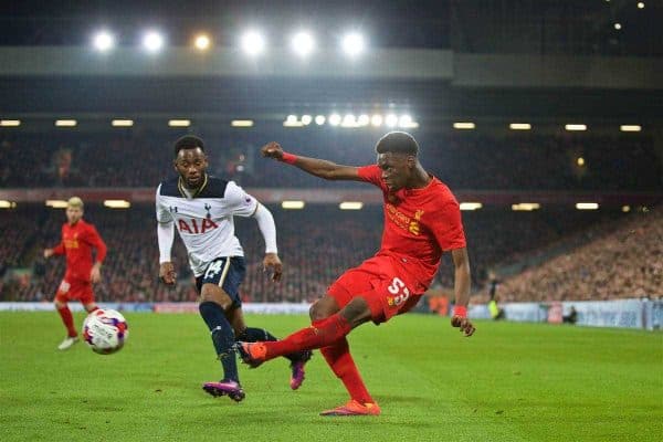 LIVERPOOL, ENGLAND - Tuesday, October 25, 2016: Liverpool's Oviemuno Ejaria in action against Tottenham Hotspur during the Football League Cup 4th Round match at Anfield. (Pic by David Rawcliffe/Propaganda)