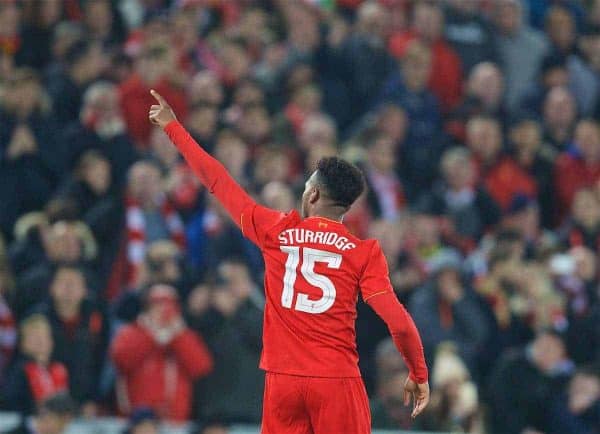 LIVERPOOL, ENGLAND - Tuesday, October 25, 2016: Liverpool's Daniel Sturridge celebrates scoring the second goal against Tottenham Hotspur during the Football League Cup 4th Round match at Anfield. (Pic by David Rawcliffe/Propaganda)