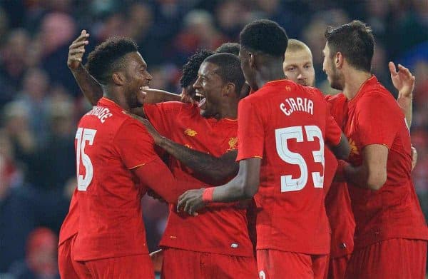 LIVERPOOL, ENGLAND - Tuesday, October 25, 2016: Liverpool's Daniel Sturridge celebrates scoring the second goal against Tottenham Hotspur with team-mate Georginio Wijnaldum during the Football League Cup 4th Round match at Anfield. (Pic by David Rawcliffe/Propaganda)