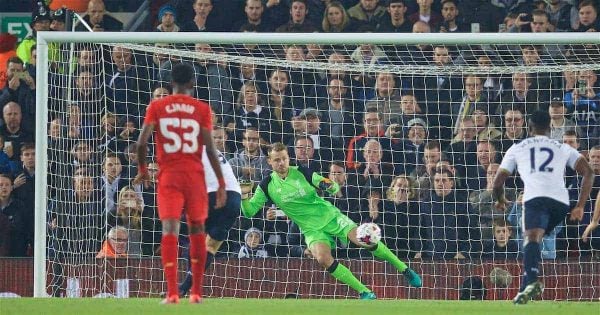 LIVERPOOL, ENGLAND - Tuesday, October 25, 2016: Liverpool's goalkeeper Simon Mignolet is beaten as Tottenham Hotspur's Vincent Janssen score a goal from the penalty spot during the Football League Cup 4th Round match at Anfield. (Pic by David Rawcliffe/Propaganda)