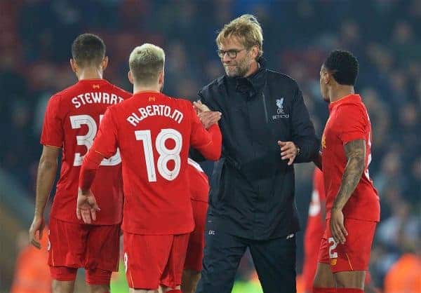 LIVERPOOL, ENGLAND - Tuesday, October 25, 2016: Liverpool's manager Jürgen Klopp and Alberto Moreno after the 2-1 victory over Tottenham Hotspur during the Football League Cup 4th Round match at Anfield. (Pic by David Rawcliffe/Propaganda)