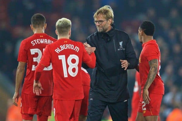 LIVERPOOL, ENGLAND - Tuesday, October 25, 2016: Liverpool's manager Jürgen Klopp and Alberto Moreno after the 2-1 victory over Tottenham Hotspur during the Football League Cup 4th Round match at Anfield. (Pic by David Rawcliffe/Propaganda)