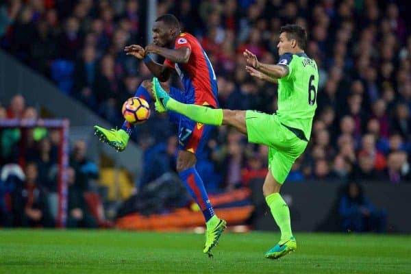 LONDON, ENGLAND - Saturday, October 29, 2016: Liverpool's Dejan Lovren in action against Crystal Palace's Christian Benteke during the FA Premier League match at Selhurst Park. (Pic by David Rawcliffe/Propaganda)