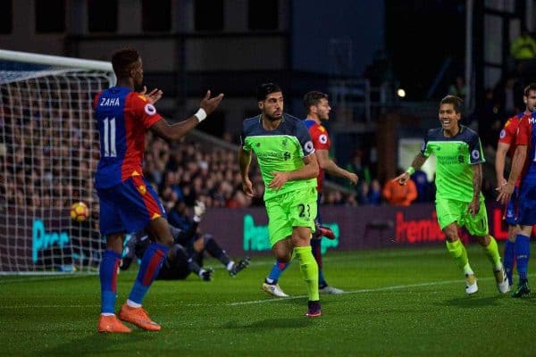 LONDON, ENGLAND - Saturday, October 29, 2016: Liverpool's Emre Can celebrates scoring the first goal against Crystal Palace during the FA Premier League match at Selhurst Park. (Pic by David Rawcliffe/Propaganda)