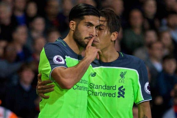 LONDON, ENGLAND - Saturday, October 29, 2016: Liverpool's Emre Can celebrates scoring the first goal against Crystal Palace with team-mate Roberto Firmino during the FA Premier League match at Selhurst Park. (Pic by David Rawcliffe/Propaganda)