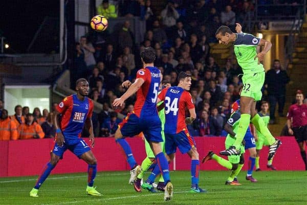 LONDON, ENGLAND - Saturday, October 29, 2016: Liverpool's Joel Matip scores the third goal against Crystal Palace during the FA Premier League match at Selhurst Park. (Pic by David Rawcliffe/Propaganda)