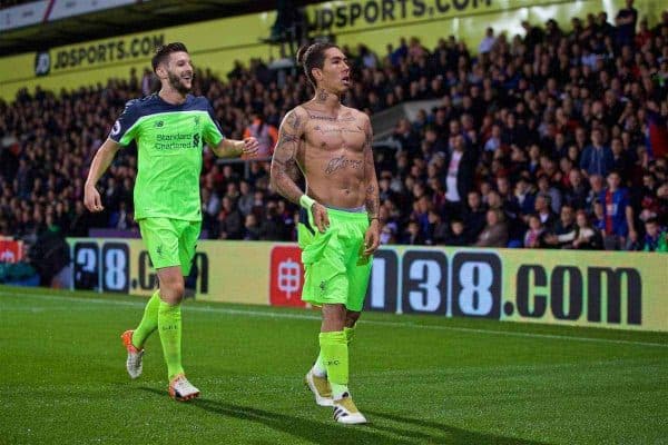 LONDON, ENGLAND - Saturday, October 29, 2016: Liverpool's Roberto Firmino celebrates scoring the fourth goal against Crystal Palace during the FA Premier League match at Selhurst Park. (Pic by David Rawcliffe/Propaganda)