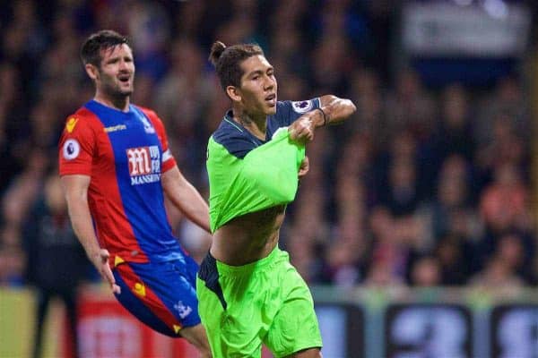 LONDON, ENGLAND - Saturday, October 29, 2016: Liverpool's Roberto Firmino removes his shirt as he celebrates scoring the fourth goal against Crystal Palace during the FA Premier League match at Selhurst Park. (Pic by David Rawcliffe/Propaganda)