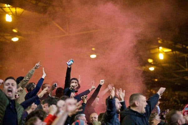 LONDON, ENGLAND - Saturday, October 29, 2016: No pyro no party... Liverpool supporters celebrate the fourth goal against Crystal Palace with a red smoke bomb during the FA Premier League match at Selhurst Park. (Pic by David Rawcliffe/Propaganda)