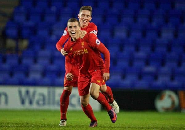 BIRKENHEAD, ENGLAND - Wednesday, November 2, 2016: Liverpool's Brooks Lennon celebrates scoring the first equalising goal against FC Porto with team-mate captain Harry Wilson during the Premier League International Cup match at Prenton Park. (Pic by David Rawcliffe/Propaganda)