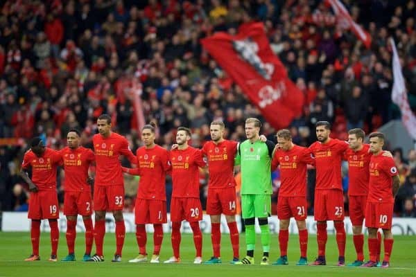 LIVERPOOL, ENGLAND - Sunday, November 6, 2016: Liverpool players stand for a minute's silence to remember those who lost their lives in the Great War, before the FA Premier League match against Watford at Anfield. (Pic by David Rawcliffe/Propaganda)