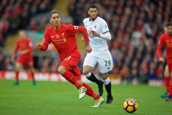 LIVERPOOL, ENGLAND - Sunday, November 6, 2016: Liverpool's Roberto Firmino in action against Watford during the FA Premier League match at Anfield. (Pic by David Rawcliffe/Propaganda)