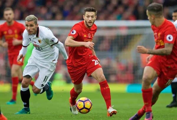 LIVERPOOL, ENGLAND - Sunday, November 6, 2016: Liverpool's Adam Lallana in action against Watford during the FA Premier League match at Anfield. (Pic by David Rawcliffe/Propaganda)