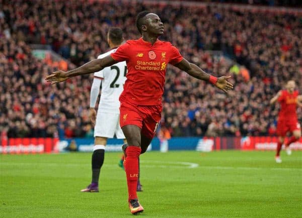 LIVERPOOL, ENGLAND - Sunday, November 6, 2016: Liverpool's Sadio Mane celebrates scoring the first goal against Watford during the FA Premier League match at Anfield. (Pic by David Rawcliffe/Propaganda)