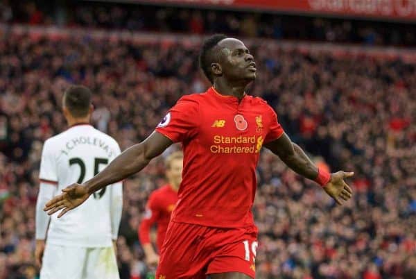 LIVERPOOL, ENGLAND - Sunday, November 6, 2016: Liverpool's Sadio Mane celebrates scoring the first goal against Watford during the FA Premier League match at Anfield. (Pic by David Rawcliffe/Propaganda)