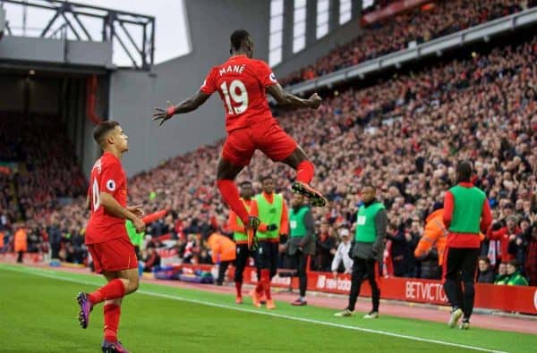 LIVERPOOL, ENGLAND - Sunday, November 6, 2016: Liverpool's Sadio Mane celebrates scoring the first goal against Watford during the FA Premier League match at Anfield. (Pic by David Rawcliffe/Propaganda)