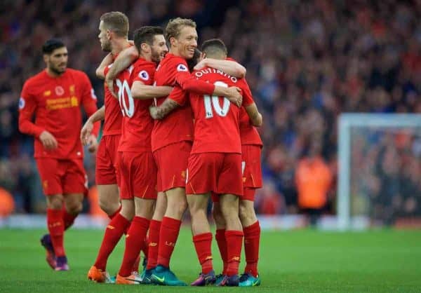 LIVERPOOL, ENGLAND - Sunday, November 6, 2016: Liverpool's Philippe Coutinho Correia celebrates scoring the second goal against Watford during the FA Premier League match at Anfield. (Pic by David Rawcliffe/Propaganda)