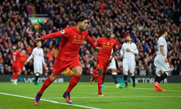 LIVERPOOL, ENGLAND - Sunday, November 6, 2016: Liverpool's Emre Can celebrates scoring the third goal against Watford during the FA Premier League match at Anfield. (Pic by David Rawcliffe/Propaganda)