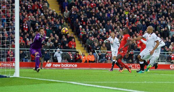 LIVERPOOL, ENGLAND - Sunday, November 6, 2016: Liverpool's xSadio Mane scores the fifth goal against Watford during the FA Premier League match at Anfield. (Pic by David Rawcliffe/Propaganda)