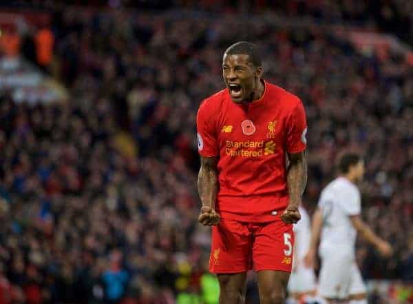 LIVERPOOL, ENGLAND - Sunday, November 6, 2016: Liverpool's Georginio Wijnaldum celebrates scoring the sixth goal against Watford during the FA Premier League match at Anfield. (Pic by David Rawcliffe/Propaganda)