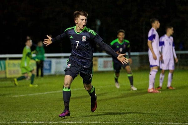 BANGOR, WALES - Tuesday, November 15, 2016: Wales' Ben Woodburn celebrates scoring the third goal against Luxembourg during the UEFA European Under-19 Championship Qualifying Round Group 6 match at the Nantporth Stadium. (Pic by David Rawcliffe/Propaganda)