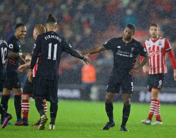 SOUTHAMPTON, ENGLAND - Saturday, November 19, 2016: Liverpool's Roberto Firmino and Georginio Wijnaldum look dejected after the goal-less draw with Southampton during the FA Premier League match at St. Mary's Stadium. (Pic by David Rawcliffe/Propaganda)