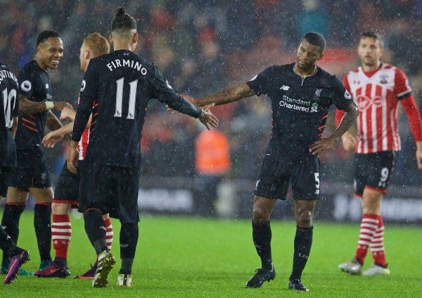 SOUTHAMPTON, ENGLAND - Saturday, November 19, 2016: Liverpool's Roberto Firmino and Georginio Wijnaldum look dejected after the goal-less draw with Southampton during the FA Premier League match at St. Mary's Stadium. (Pic by David Rawcliffe/Propaganda)