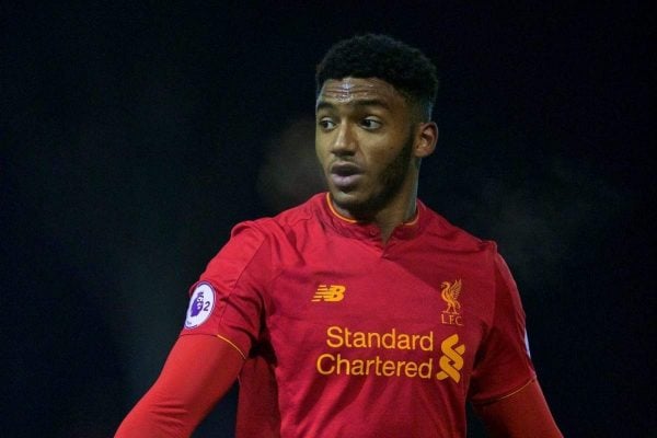 KIRKBY, ENGLAND - Wednesday, November 23, 2016: Liverpool's Joe Gomez in action against Burnley during the Lancashire Senior Cup 2nd Round match at the Academy. (Pic by David Rawcliffe/Propaganda)