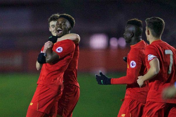 KIRKBY, ENGLAND - Wednesday, November 23, 2016: Liverpool's Madger Gomes celebrates scoring the first goal against against Burnley during the Lancashire Senior Cup 2nd Round match at the Academy. (Pic by David Rawcliffe/Propaganda)