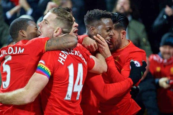 LIVERPOOL, ENGLAND - Saturday, November 26, 2016: Liverpool's Divock Origi celebrates scoring the first goal againstSunderland during the FA Premier League match at Anfield. (Pic by David Rawcliffe/Propaganda)