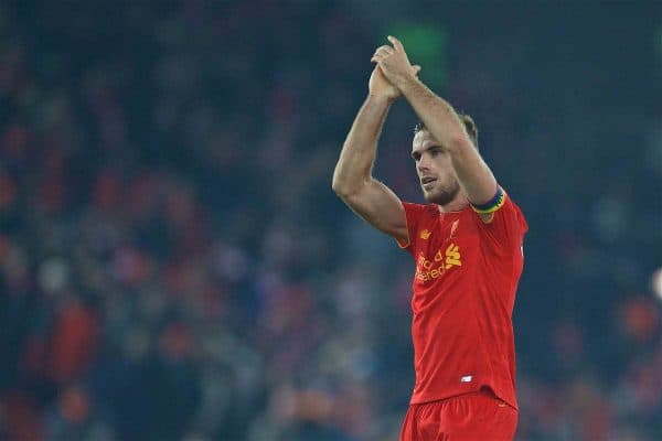 LIVERPOOL, ENGLAND - Saturday, November 26, 2016: Liverpool's captain Jordan Henderson applauds the supporters after the 2-0 victory over Sunderland during the FA Premier League match at Anfield. (Pic by David Rawcliffe/Propaganda)