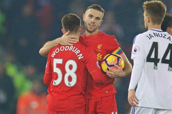 LIVERPOOL, ENGLAND - Saturday, November 26, 2016: Liverpool's Welsh youngster Ben Woodburn is congratulated by captain Jordan Henderson after making his debut against Sunderland during the FA Premier League match at Anfield. (Pic by David Rawcliffe/Propaganda)