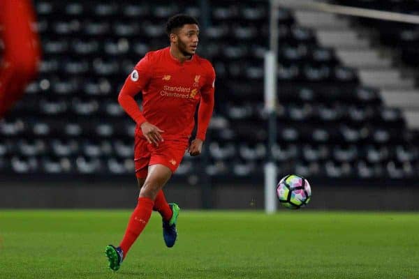 DERBY, ENGLAND - Monday, November 28, 2016: Liverpool's Joe Gomez in action against Derby County during the FA Premier League 2 Under-23 match at Pride Park. (Pic by David Rawcliffe/Propaganda)