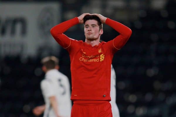 DERBY, ENGLAND - Monday, November 28, 2016: Liverpool's Corey Whelan looks dejected after missing a chance against Derby County during the FA Premier League 2 Under-23 match at Pride Park. (Pic by David Rawcliffe/Propaganda)