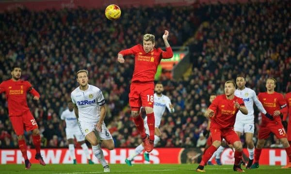 LIVERPOOL, ENGLAND - Tuesday, November 29, 2016: Liverpool's Alberto Moreno in action against Leeds United during the Football League Cup Quarter-Final match at Anfield. (Pic by David Rawcliffe/Propaganda)