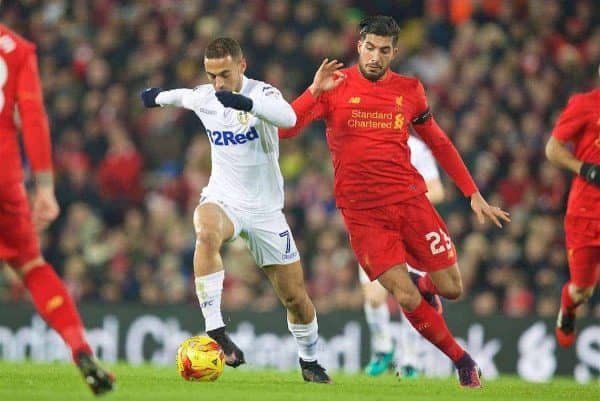 LIVERPOOL, ENGLAND - Tuesday, November 29, 2016: Liverpool's Emre Can in action against Leeds United's Kemar Roofe during the Football League Cup Quarter-Final match at Anfield. (Pic by David Rawcliffe/Propaganda)