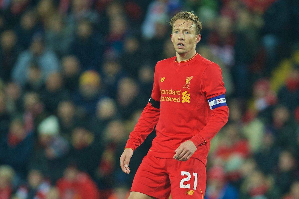 LIVERPOOL, ENGLAND - Tuesday, November 29, 2016: Liverpool's captain Lucas Leiva in action against Leeds United during the Football League Cup Quarter-Final match at Anfield. (Pic by David Rawcliffe/Propaganda)