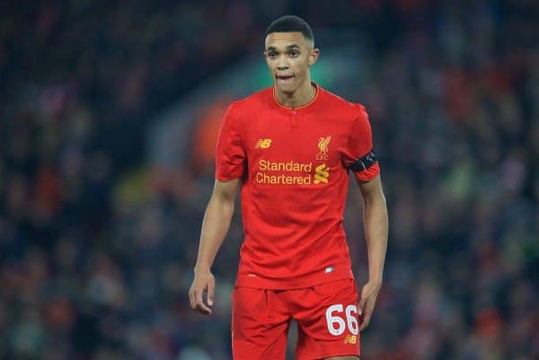 LIVERPOOL, ENGLAND - Tuesday, November 29, 2016: Liverpool's Trent Alexander-Arnold in action against Leeds United during the Football League Cup Quarter-Final match at Anfield. (Pic by David Rawcliffe/Propaganda)