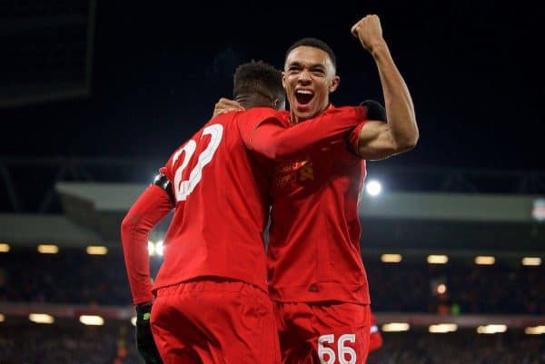 LIVERPOOL, ENGLAND - Tuesday, November 29, 2016: Liverpool's Divock Origi celebrates scoring the first goal against Leeds United with team-mate Trent Alexander-Arnold during the Football League Cup Quarter-Final match at Anfield. (Pic by David Rawcliffe/Propaganda)