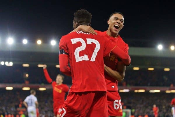 LIVERPOOL, ENGLAND - Tuesday, November 29, 2016: Liverpool's Divock Origi celebrates scoring the first goal against Leeds United with team-mate Trent Alexander-Arnold during the Football League Cup Quarter-Final match at Anfield. (Pic by David Rawcliffe/Propaganda)