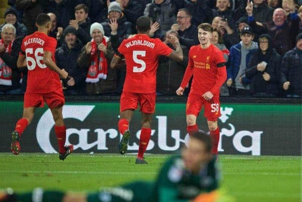 LIVERPOOL, ENGLAND - Tuesday, November 29, 2016: Liverpool's Ben Woodburn celebrates scoring the second goal against Leeds United during the Football League Cup Quarter-Final match at Anfield. (Pic by David Rawcliffe/Propaganda)