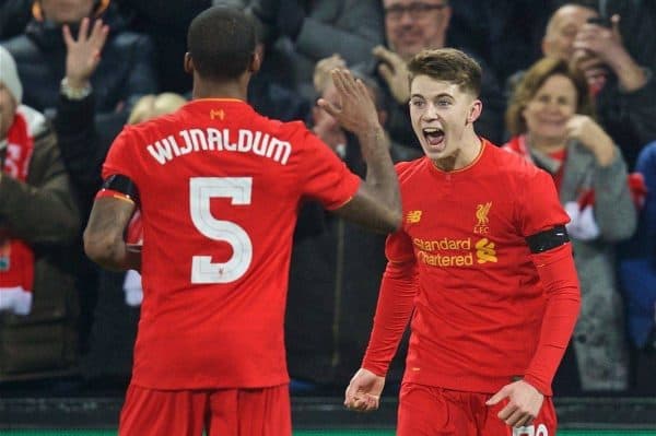 LIVERPOOL, ENGLAND - Tuesday, November 29, 2016: Liverpool's Ben Woodburn celebrates scoring the second goal against Leeds United during the Football League Cup Quarter-Final match at Anfield. (Pic by David Rawcliffe/Propaganda)