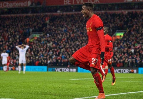 LIVERPOOL, ENGLAND - Tuesday, November 29, 2016: Liverpool's Divock Origi celebrates scoring the first goal against Leeds United during the Football League Cup Quarter-Final match at Anfield. (Pic by David Rawcliffe/Propaganda)