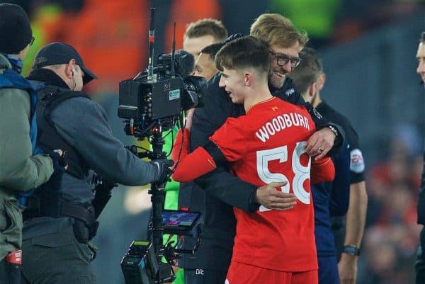 LIVERPOOL, ENGLAND - Tuesday, November 29, 2016: Liverpool's goal-scorer Ben Woodburn is hugged by manager Jürgen Klopp after the 2-0 victory over Leeds United during the Football League Cup Quarter-Final match at Anfield. (Pic by David Rawcliffe/Propaganda)