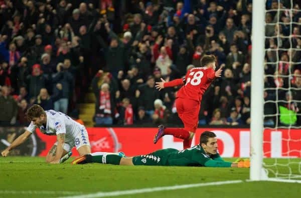 LIVERPOOL, ENGLAND - Tuesday, November 29, 2016: Liverpool's Ben Woodburn celebrates scoring the second goal against Leeds United during the Football League Cup Quarter-Final match at Anfield. (Pic by David Rawcliffe/Propaganda)