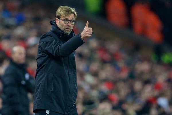 LIVERPOOL, ENGLAND - Tuesday, November 29, 2016: Liverpool's manager Jürgen Klopp gives the thumbs up during the Football League Cup Quarter-Final match against Leeds United at Anfield. (Pic by David Rawcliffe/Propaganda)