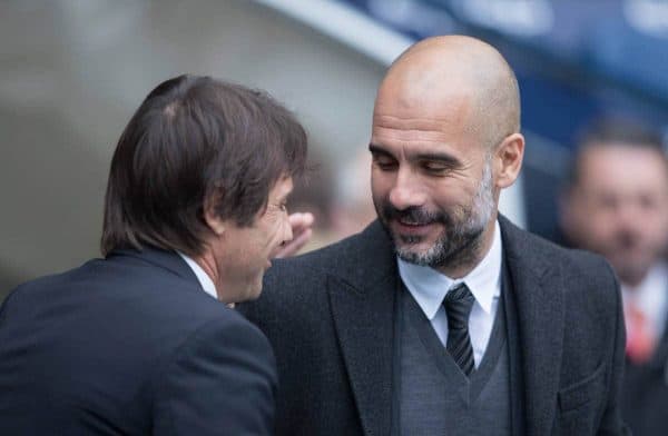 MANCHESTER, ENGLAND - Saturday, December 3, 2016: Manchester City's manager Pep Guardiola and Chelsea's Manager Antonio Conte before the FA Premier League match at the City of Manchester Stadium. (Pic by Gavin Trafford/Propaganda)