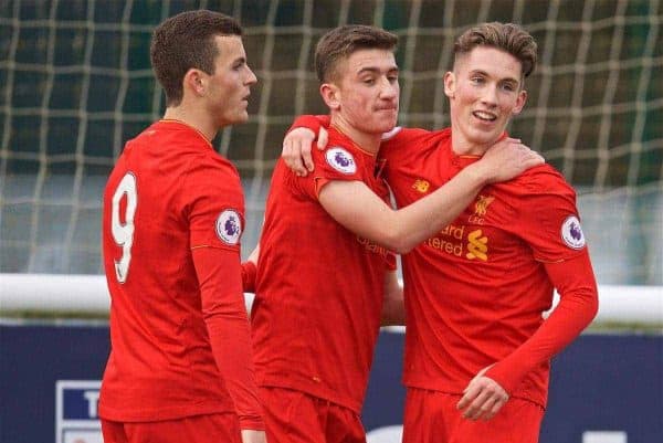 BURTON-UPON-TRENT, ENGLAND - Saturday, December 3, 2016: Liverpool's Harry Wilson celebrates scoring the first goal against Leicester City during the Premier League International Cup match at St. George's Park. (Pic by David Rawcliffe/Propaganda)